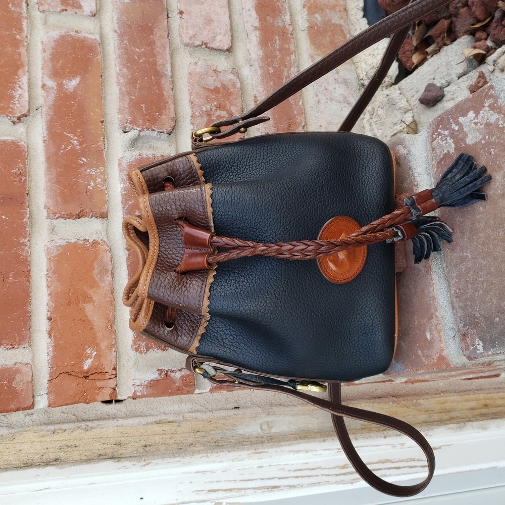 Dooney & Bourke Black and Brown Leather Drawstring Crossbody Bag